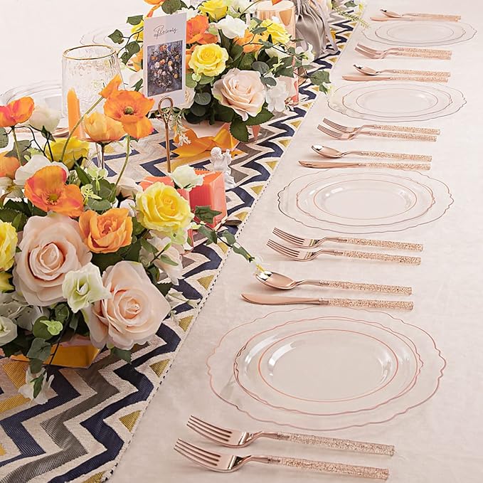 Liacere 150PCS Rose Gold Plastic Plates - Clear Rose Gold Disposable Plates with Glitter Bamboo Handle Cutlery - 60 Baroque Elegant Plates, 30 Forks, 30 Spoons, 30 Knives for Wedding ＆ Party