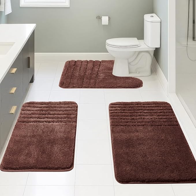 Bath Rugs Set 3 Pieces Bathroom Mat Soft Absorbent Plush Shaggy Soft Floor Non Slip Shower Bath Tub Machine Washable (Cocoa-Strip, 20"x32"/20"x20"/17"x24")