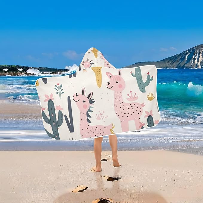 SPRIPORT Cute Alpaca Kids Hooded Beach Bath Towel Wrap for Boys Girls Toddler Surf Poncho Bathrobe with Front Pocket Changing Towel Robe for Shower Pool Swim