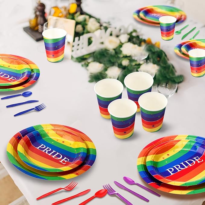 FillTouch 350 Pcs Rainbow Gay Pride Month Lgbtq Party Supplies Set Rainbow Disposable Paper Plates Love Napkins Cups Knives Forks Spoons for 50 Guests Gay Pride Party Parade Club Festival Events