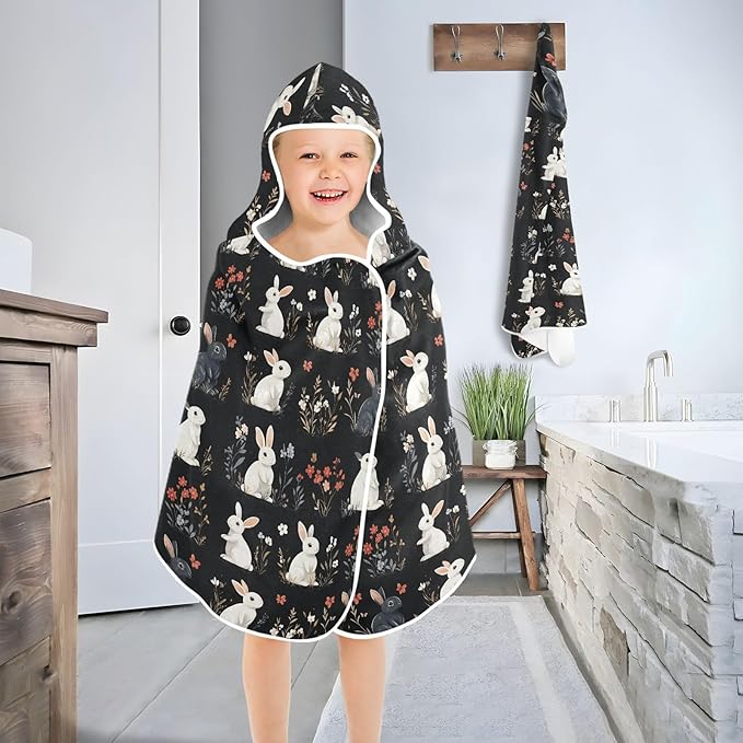 Beach Towel Cartoon Cute Bunny Black Hooded Beach Towel for Girl Boy Soft Kids Bath Towels with Hood