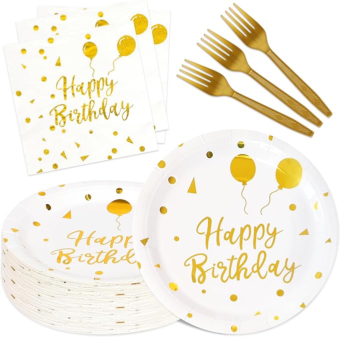 75 Pcs Happy Birthday Paper Plates,Serves 25 Guests White Gold Plates and Napkins with Gold Forks,Disposable Paper Tableware Set for Birthday Party Decorations