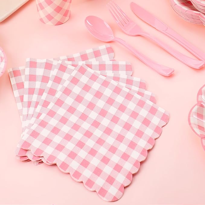 175 Pcs Pink Gingham Plates and Napkins Party Supplies - Pink and White Checkered Plates Sets Serve 25 Guests - Scalloped Gingham Paper Plate for Birthday Wedding Picnic Mother's Day Party Decorations