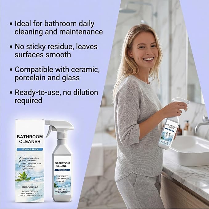 3.38Oz Bathroom Cleaner Foam Spray, Scale Remover Bathroom Cleaner, Powerful Scale Remover, Suitable For Tiles, Glass, Stainless, Steel (2pcs)