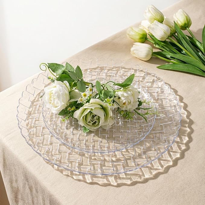 Festiva 60PCS Clear Plastic Plates - Heavy Duty Weave Pattern Fancy Disposable Plates -serve for 30 guests Include 30PCS 10" & 30PCS 7" Plates for Party&Wedding (Clear)