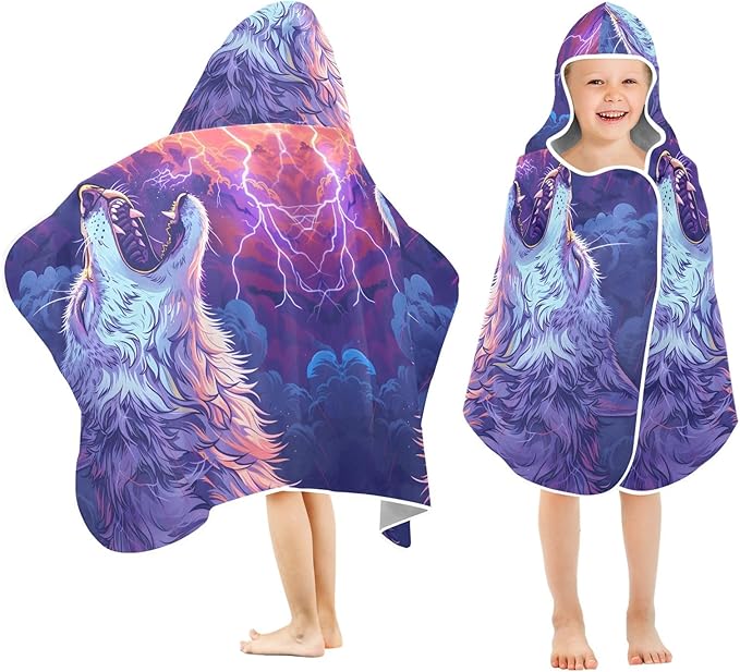 Hooded Towel for Kids Howling Wolf with Lightning in The Sky Beach Wrap Bath Towels 50x23.5in