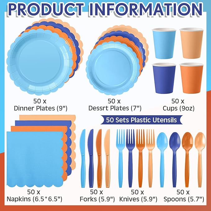 Ziliny 350 Pcs Blue Orange Plates and Napkins, 50 Guest Blue Dog Party Supplies Include Scalloped Paper Plates Napkins Cups Plastic Spoons Forks Knives Disposable Tableware Set for Dart Birthday Party