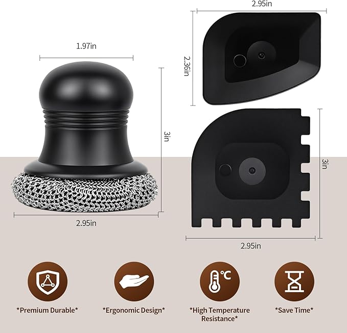 316 Upgraded Cast Iron Scrubber with Pan Scraper,Cast Iron Cleaner for Grill Pan Skillet Wok Carbon Steel,Ergonomic to Hold Easy to Use Dishwasher Safe ((Small Chain Mail))