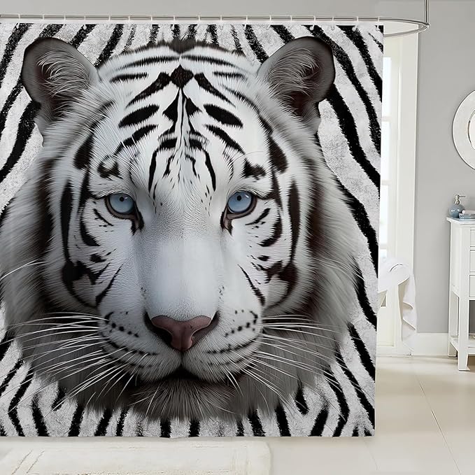 Erosebridal White Tiger Shower Curtain 72" Wx84 L 3D Animal Print for Kids Boys Teens Bath Curtain Chic Wild Animal Skin Design Tiger Waterproof Shower Curtain Big Cat Wild Animal Room Decor