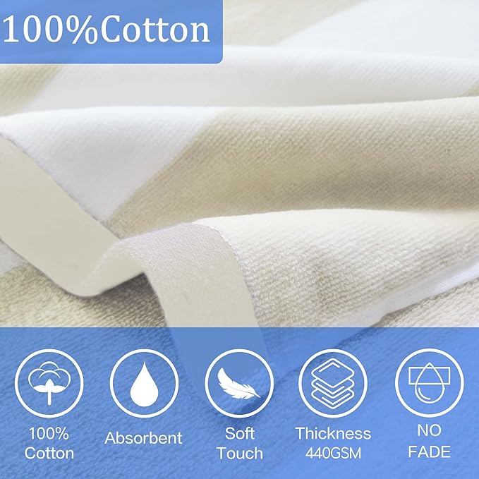 VOOVA & MOVAS Hooded Poncho Towel for Teens Unisex 100% Cotton Minimalist Versatile Beach Camping Bath Cover Up Beige White Bold Stripe