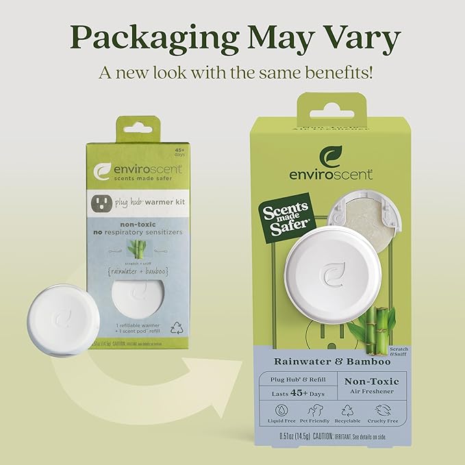 Enviroscent Non-Toxic Air Freshener Plug Hub® Warmer Refillable Kit - Refillable Plug-in Air Freshener for Home w/Paper Refill - Home Fragrance Lasts Up to 45 Days - Rainwater & Bamboo Scent