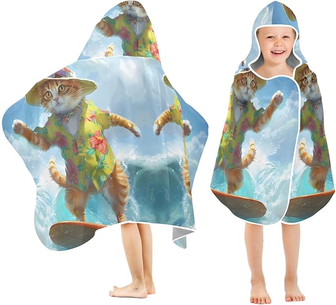 Hooded Towel for Kids Summer Cat Surfing Beach Wrap Bath Towels 50x23.5in
