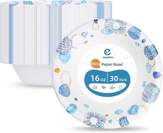 30 Pack Paper Bowls, 16 Oz Disposable Soup Bowl, Heavy Duty Printed Disposable Bowls Bulk For Snacks, Dessert, Breakfast, Lunch And Dinner Meals (Blue)