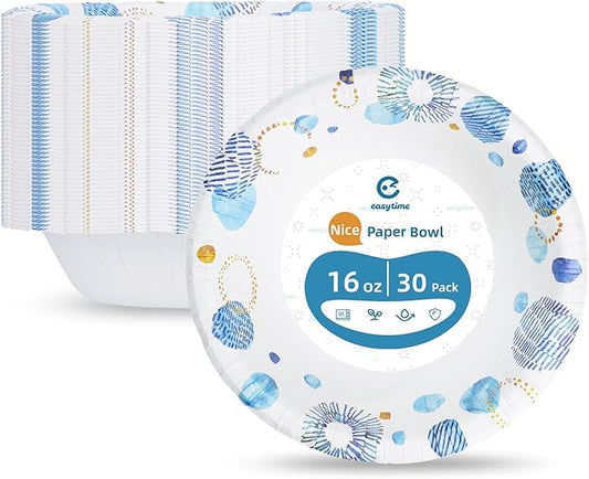 30 Pack Paper Bowls, 16 Oz Disposable Soup Bowl, Heavy Duty Printed Disposable Bowls Bulk For Snacks, Dessert, Breakfast, Lunch And Dinner Meals (Blue)