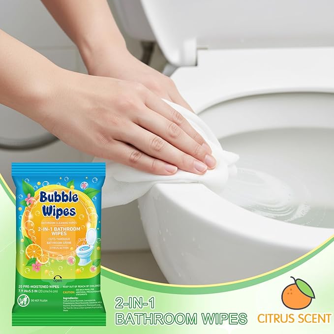 5 Pack Bathroom Cleaning Wipes 100/200 Count 2-in-1 Citrus Scent Wipes Cleaner for Bathroom Toilet, Sink, Tile & Shower -Reusable Sealable Pouch, No Scrubbing Needed