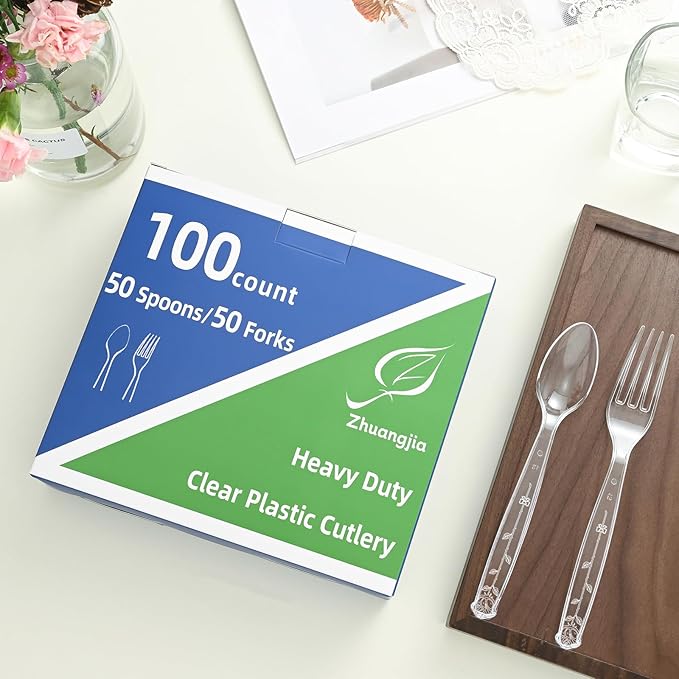 100 Count Plastic Silverware Heavy Duty 50Forks50Spoons | Shatterproof BPA-Free Disposable Cutlery Heat Resistant Disposable Plastic Utensils for Catering & Events, Party Supplies