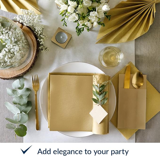 PAW - 50 Pieces Airlaid Paper Linen-Feel Napkins 16" x 16", Monocolor Disposable Cloth-Like Napkins, Elegant Gold Dinner Napkins for Kitchen, Party, Wedding, Gatherings, Christmas
