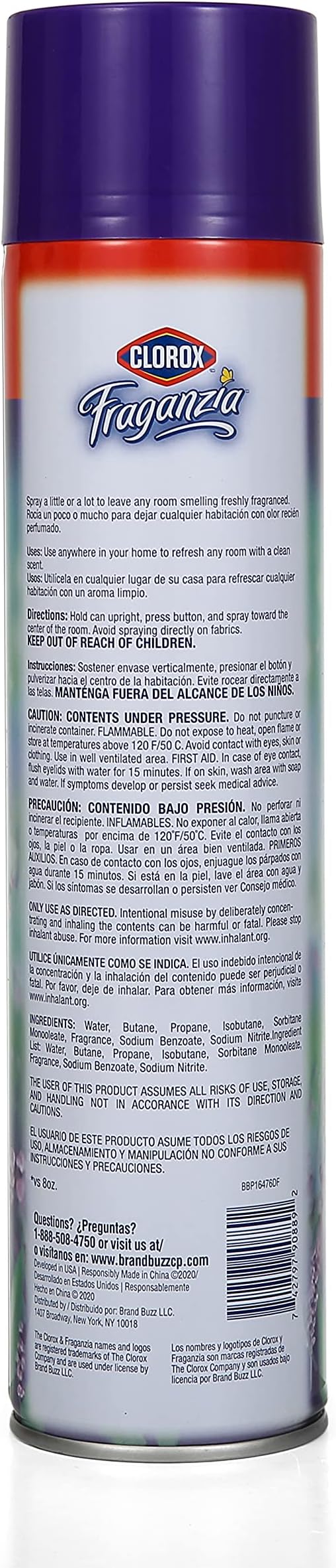 Clorox Fraganzia Aerosol Air Freshener in Lavender with Eucalyptus Scent | Long-Lasting Air Freshener Spray | 20 Oz Bonus Size | Room Air Freshener | Lavender Spray, Odor Eliminator (Pack of 2)