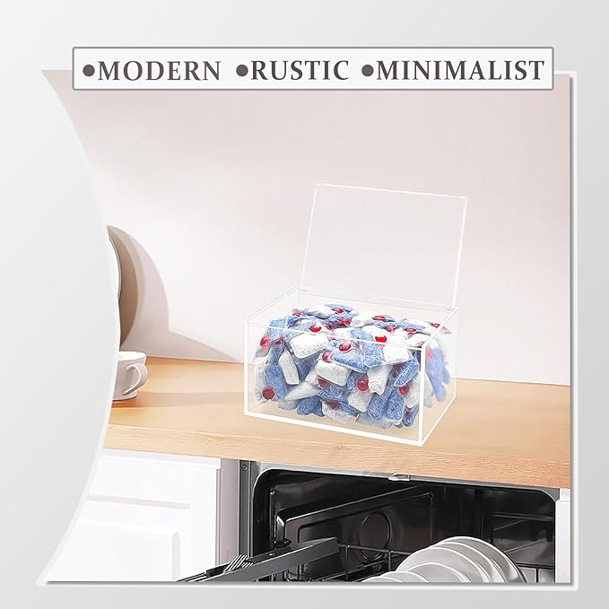 Dishwasher Pod Holder Acrylic with Hinged Lid, Modern Style Dishwasher Cleaner Tablets Container Box for Detergent, Clear