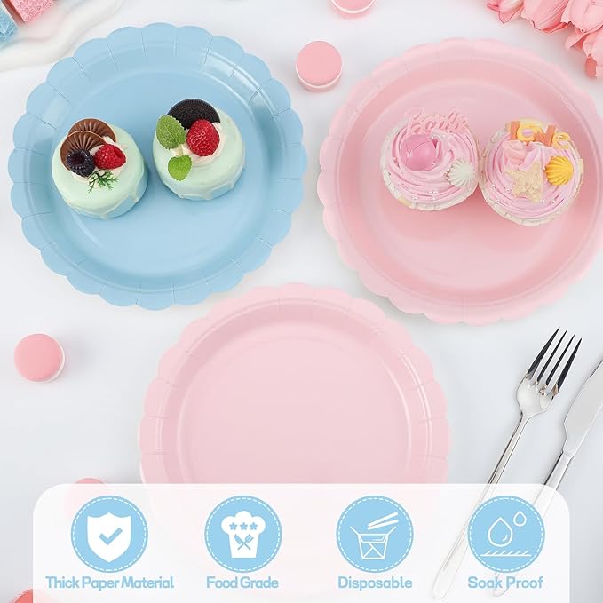 NatNarr 30 Pcs Gender Reveal Plates 9 Inch Disposable Scalloped Pink and Blue Plates Cute Dessert Cake Dinner Plate for Baby Shower, 1st Birthday