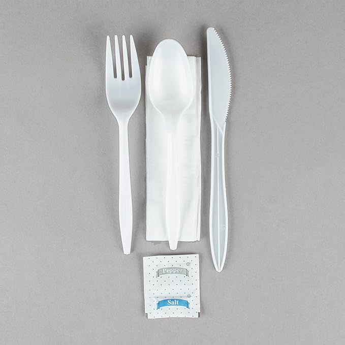 KitchenDine 100 Pack Medium Weight Wrapped white Plastic Cutlery Pack with Napkin and Salt/Pepper Packets (White)