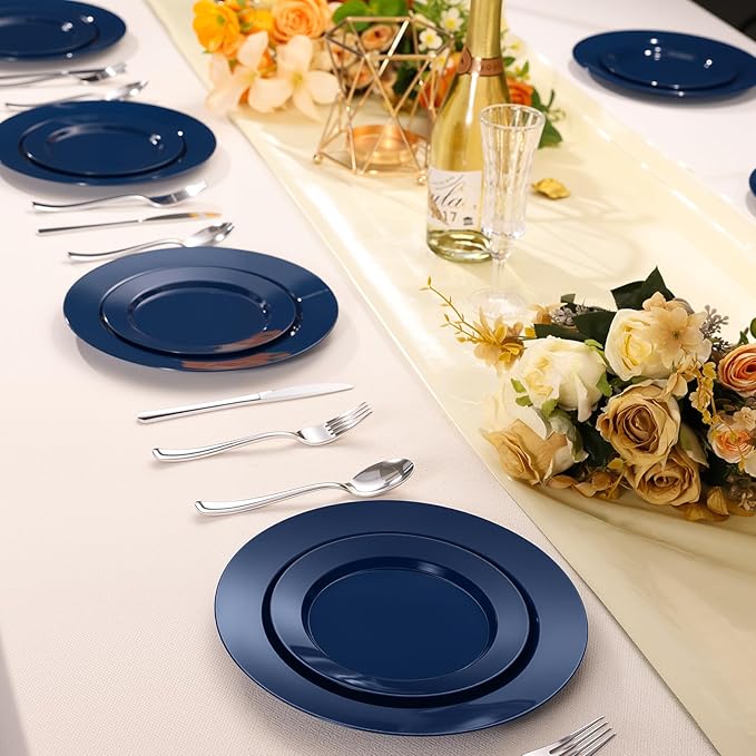 Goodluck 200PCS Navy Blue Plastic Plates, Heavy Duty Disposable Blue Plates with 100 10.25 inch Dinner Plates and 100 7.5 inch Dessert Plates for Party, Holiday, Wedding