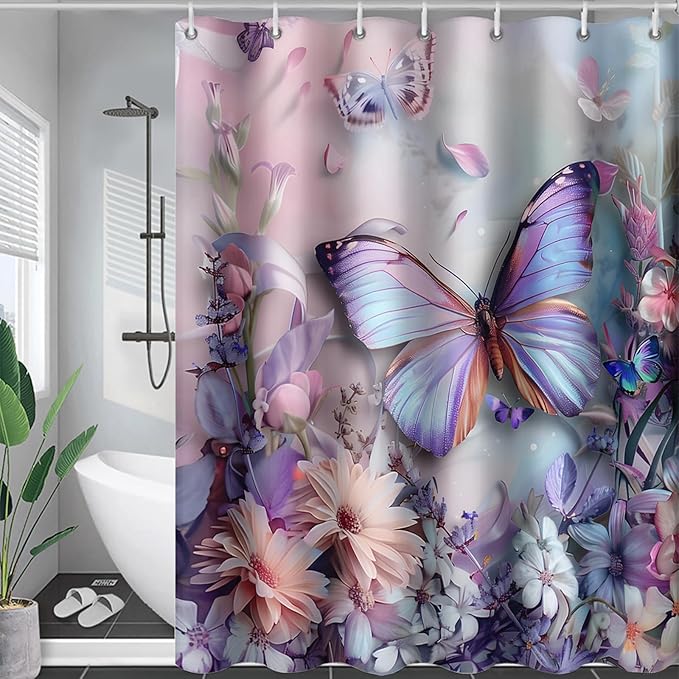 AILONEN Purple Butterfly 48" W x 72" H Shower Curtain - Romantic Floral Butterflies Bath Curtains for Women Girls - 3D Beautiful Flowers Bathroom Curtain + Plastic Hooks - Waterproof