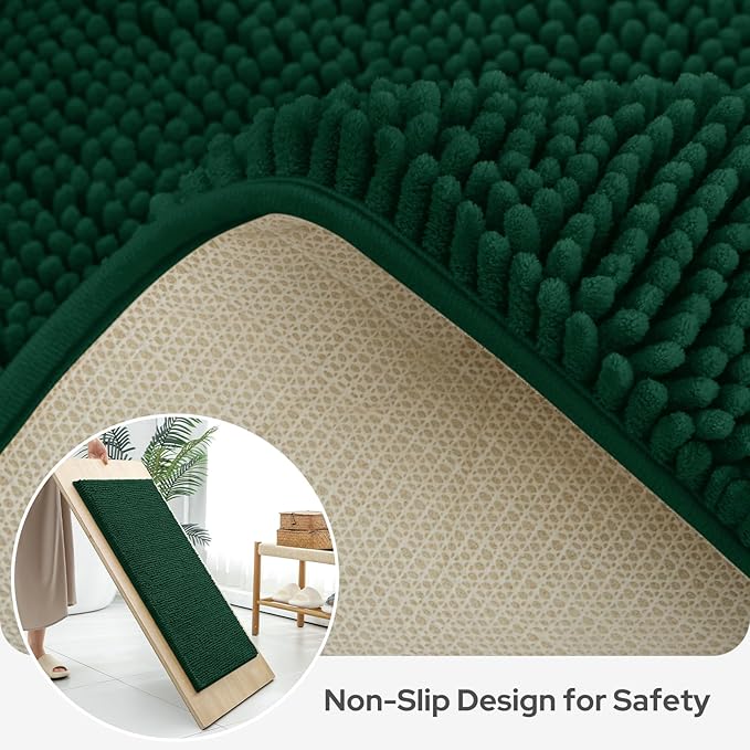 BYSURE Dark Green Bathroom Rugs Sets 3 Piece Non Slip Extra Absorbent Plush Chenille Soft Washable Bath Mats