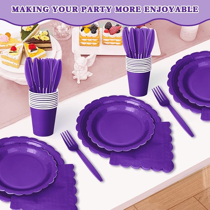 Vyntra 175 Pcs Deep Purple Disposable Paper Plates and Napkins Set for 25, 9" Dinner Plates & 7" Dessert Plates, Tableware for Birthday, Graduation, Party