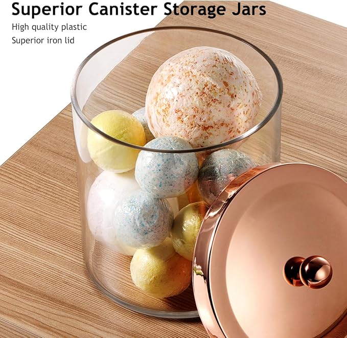 SheeChung 3-Pack Plastic Apothecary Jars with Rose Gold Metal Lids - Large 50oz, 25oz & 15oz Acrylic Storage Set - Shatterproof Laundry Room & Bathroom Organizer - Modern Minimalist Chic Decor
