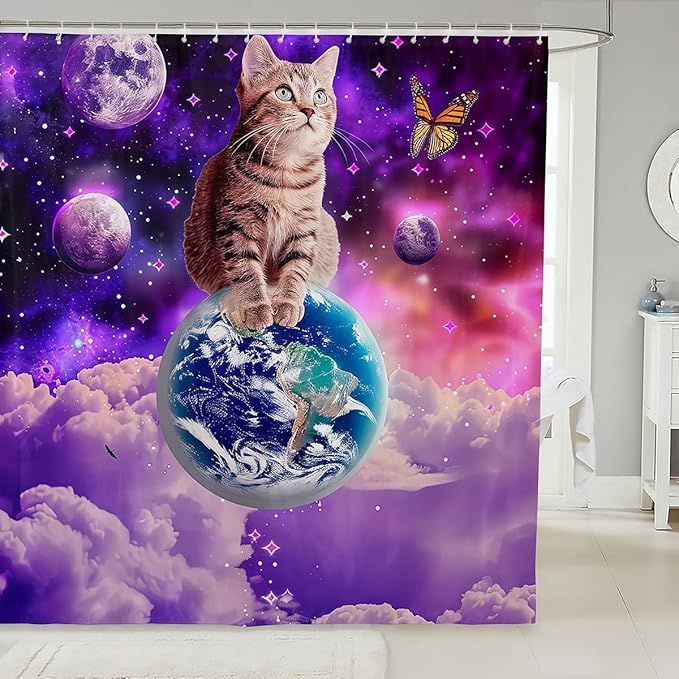 Little Cat Shower Curtain Cute Kitten Shower Curtain Set Galaxy Starry Sky Bath Curtain Universe Planet Star Purple Nebula Cosmic Outer Space Lovely Pet Animal Themed Bathroom Decor 72"Wx72"L