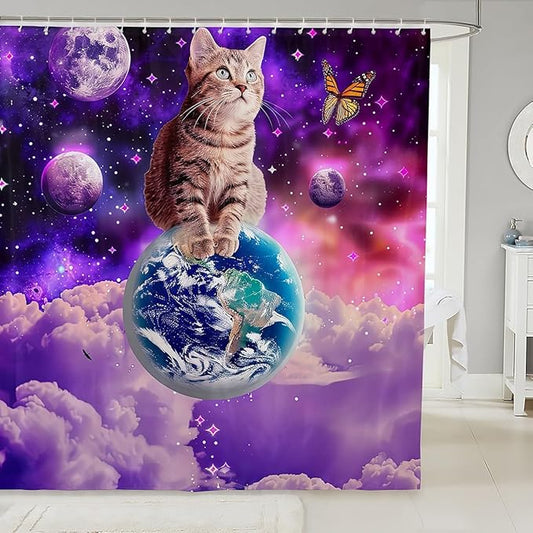 Little Cat Shower Curtain Cute Kitten Shower Curtain Set Galaxy Starry Sky Bath Curtain Universe Planet Star Purple Nebula Cosmic Outer Space Lovely Pet Animal Themed Bathroom Decor 72"Wx72"L
