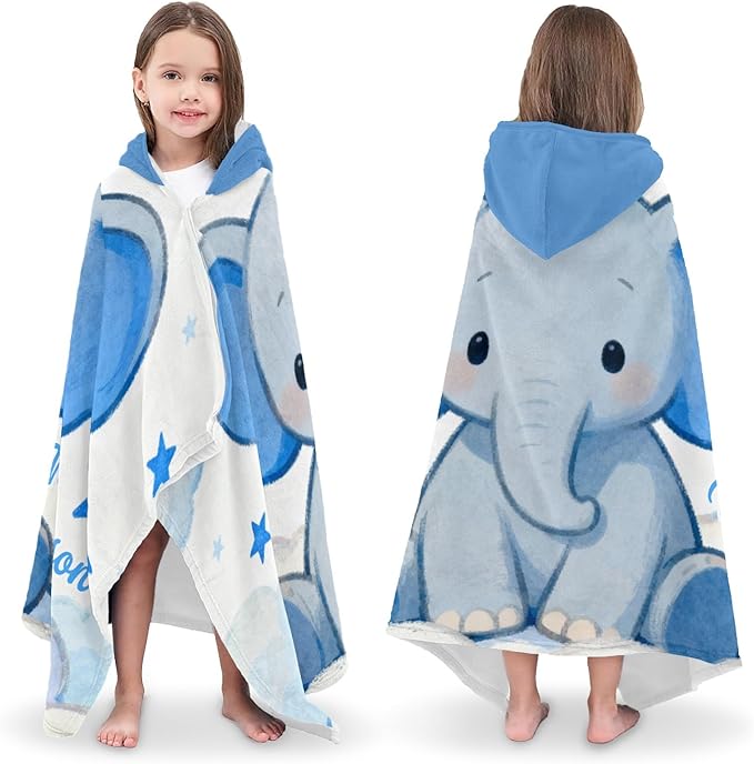 Blue Stars Elephant Personalized Hooded Towel Absorbent Wrap Soft Pool Beach Bath Towels Hood Poncho for 5-12 Years Kids Boys Girls