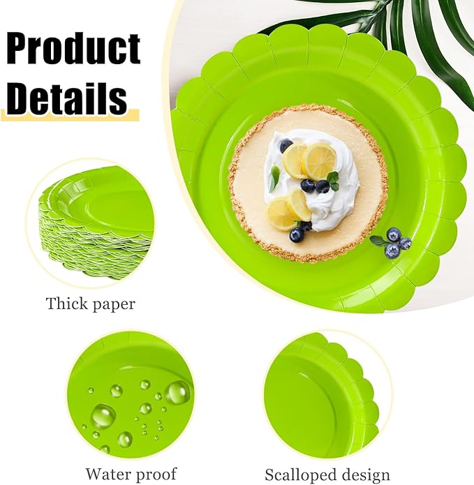 HEIPINIUYE 25 Pieces Lime Green Paper Plates 9 Inch Green Scalloped Plates Disposable Dinner Plates for Wedding Baby Shower Birthday Halloween Party Dessert Plates