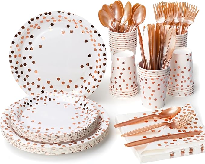 Lzerking Party Supplies Set - 210 Pieces of White and Rose Gold Dot Wedding Paper Plates, Cups, Napkins, and Heavy Duty Silverware for 30 Guests for Birthdays, Graduation, Festivals