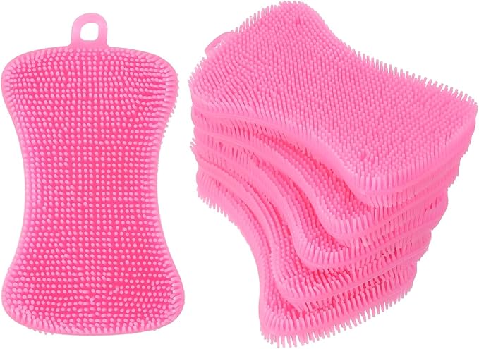 uxcell Silicone Dish Scrubber, 6 Pack Reusable Dishes Sponges Silicone Sponges Double Design for Kitchen Bathroom Cleaning Gadgets Accessories Countertop Cookware Pots Pans, Pink