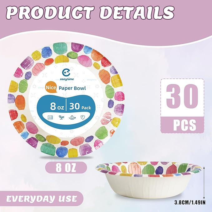 30 Pack Paper Bowls, 8 Oz Disposable Soup Bowl, Heavy Duty Printed Disposable Bowls Bulk For Snacks, Dessert, Breakfast, Lunch And Dinner Meals (Petal Pattern)