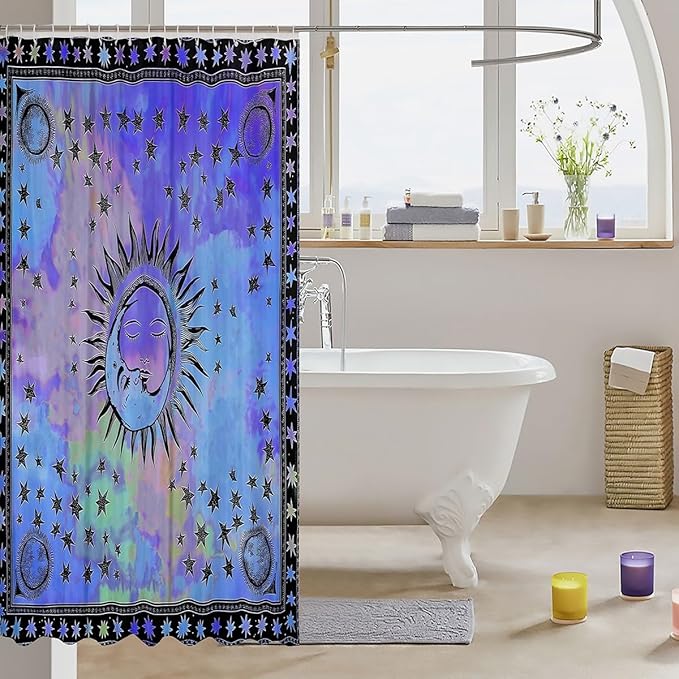 The Sun and Moon Bath Curtain Exotic Boho Shower Curtain for Kids Child,Watercolor Tie Dye Shower Curtain Stars Starry Sky 72"Wx78"L Tribal Psychedelic Teal Purple Bohemian Bathroom Accessories