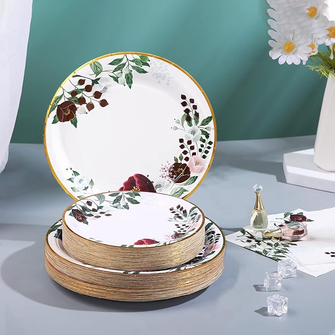 200Pcs Floral Paper Plates and Napkins Party Supplies - Bridal Shower Decorations Serves 50, Burgundy for Wedding, Birthday, Valentine's Day, Easter, Spring Party