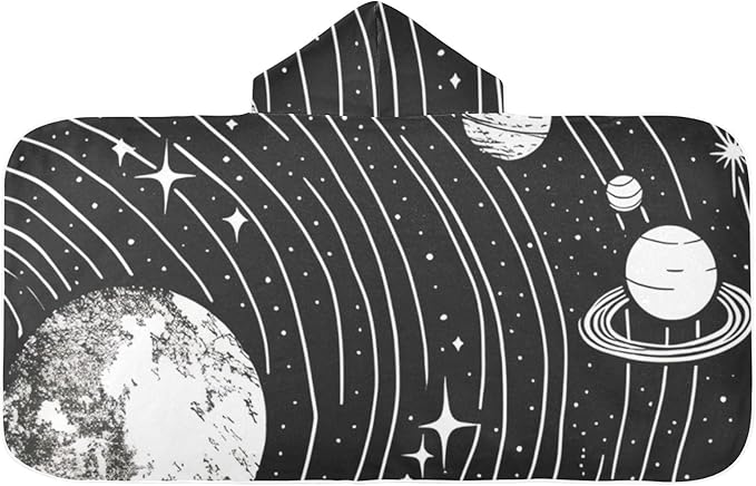 Hooded Towel for Kids Black and White Drawing of The Solar System Beach Wrap Bath Towels 50x23.5in