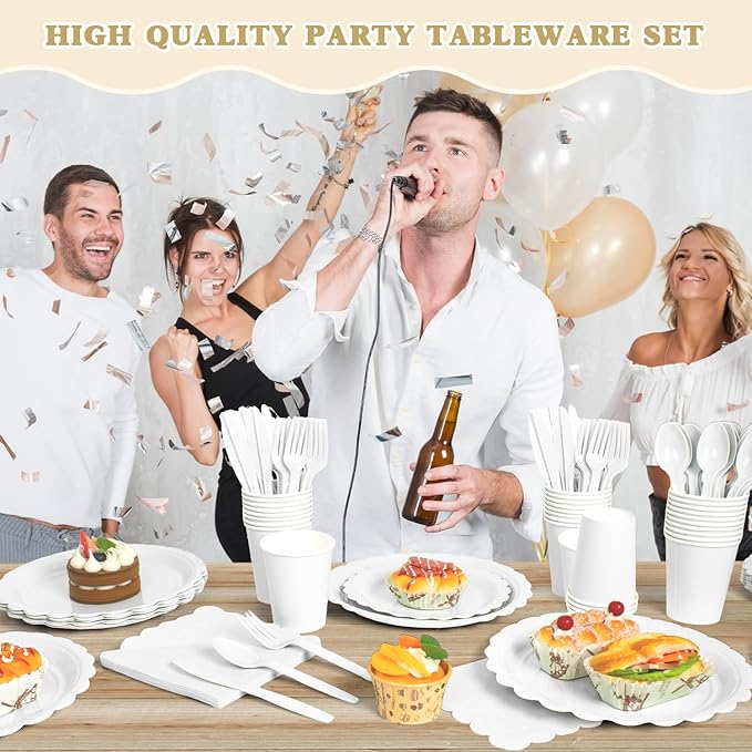 Vyntra 175 Pcs White Disposable Paper Plates and Napkins Set for 25, 9" Dinner Plates & 7" Dessert Plates, Tableware for Wedding, Bridal Shower, Birthday, Party