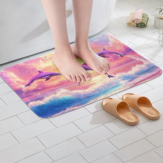 Cute Dolphin Kids Bath Mats,Ocean Sea Waves Lake House Summer Mats Rugs for Girls,Beach Sunset Rainbow Hawaii Bath Carpets,Pink Romantic Bath Rugs,Absorbent Floor Mats,20Wx32L Inches