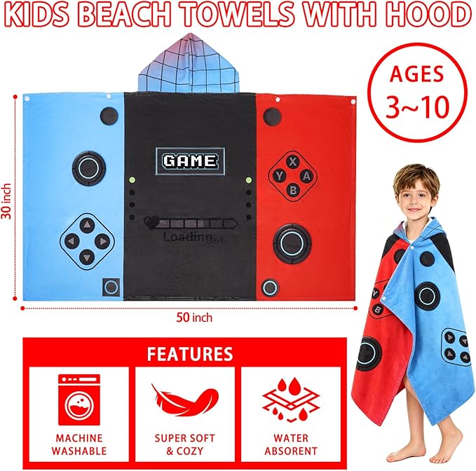 Hooded Towels for Kids - Superfine Fiber Video Game Gamepad Toddler Hood Bath Towels Beach Hooded Poncho Absorbent Pool Toddler Swim Bath Wrap for Boys & Girls 3-10 Years, 50 * 30 inches