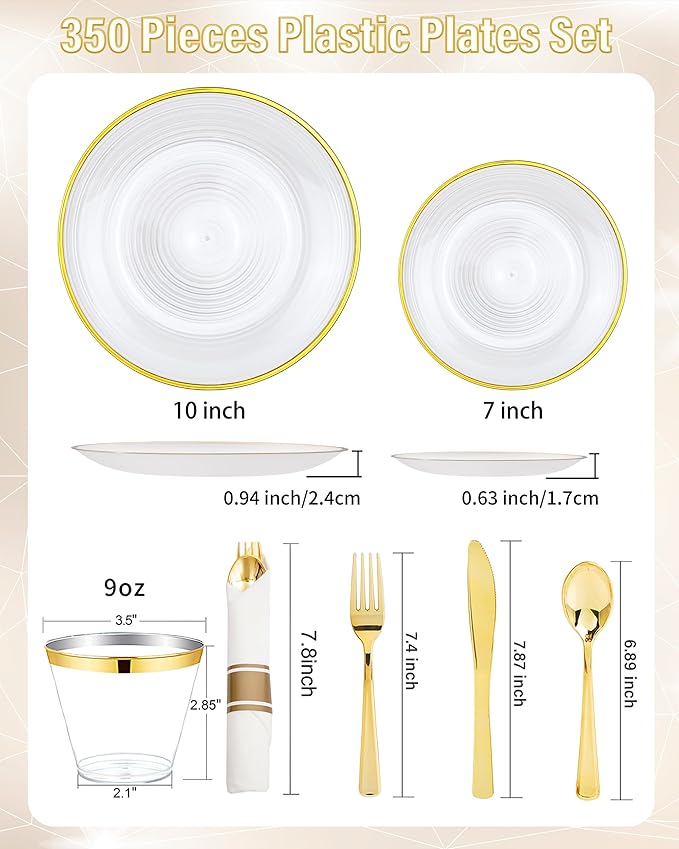 Morejoy 350PCS Pearl White and Gold Plastic Plates - Disposable Gold Party Plates & Pre Rolled Napkins with Cutlery for 50 Guests, 100Plates, 150Silverware, 50Cups, 50Napkin for Party & Mother's Day