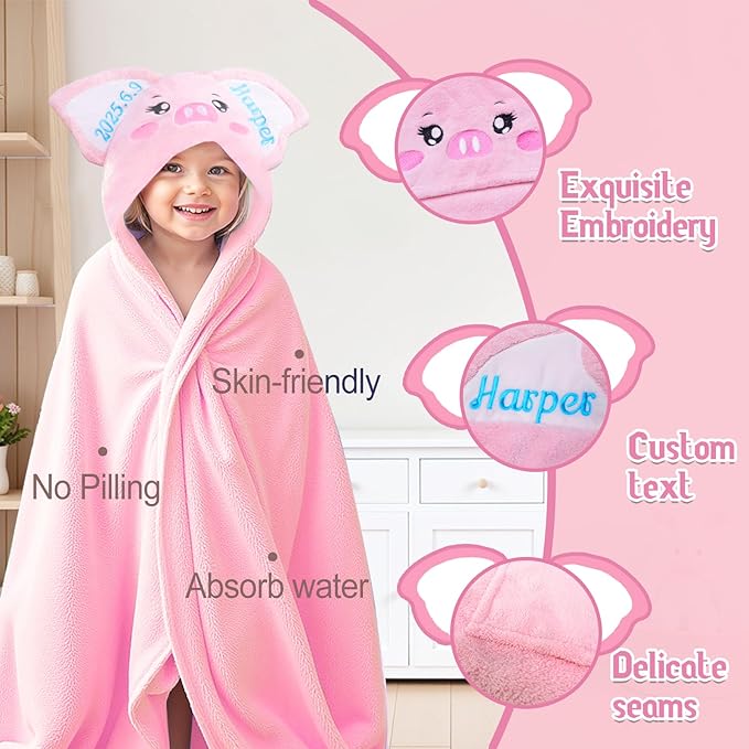 Custom Hooded Baby Towel with Name, Personalized Soft Absorbent Piggy Bath Towel, Shower Towels for Girls Boys, Easter Brithday for Kids Baby, Toddler, Newborn Essential