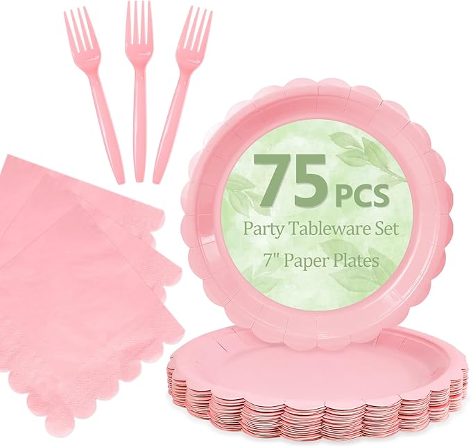 Mulbozy 75 Pink Plates and Napkins Disposable Set Includes 25 Dessert Cake Scalloped Plates, Cocktail Napkins & Forks, for Fork 25 Guests Holiday Party Supplies.