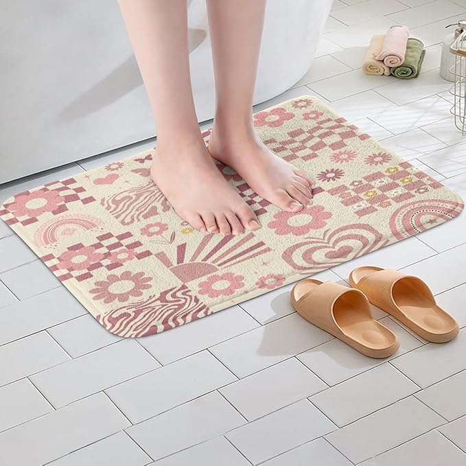 Cartoon Daisy Flowers Kids Bath Mats,Geometric Plaid Checkerboard Patchwork Mats Rugs for Girls,Rainbow Stripe Abstract Bath Carpets,Pink Chic Bath Rugs,Absorbent Floor Mats,20Wx32L Inches