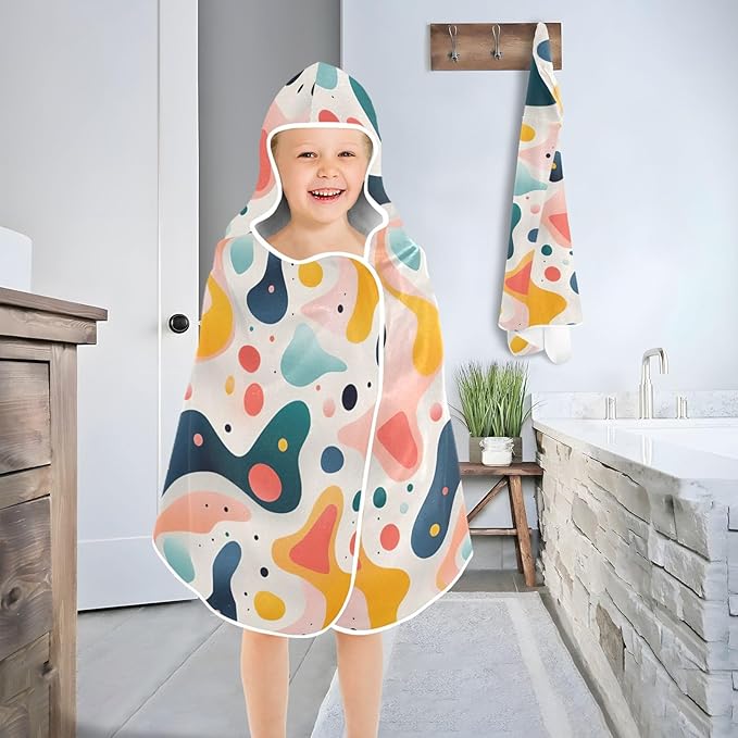 Hooded Towel for Kids Hand Drawn Colorful Various Organic Shapes Beach Wrap Bath Towels 50x23.5in