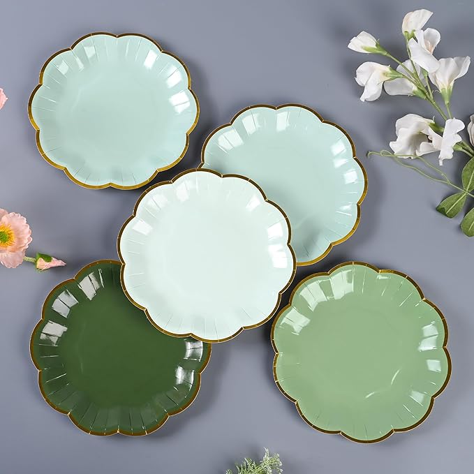 AimFun Sage Green Party Plates Gradient Green Dessert Paper Plates 7inch Gold Foil Scalloped Edge Disposable Cake Plates for Birthday Bridal Baby Shower Wedding Party Supplies (24)