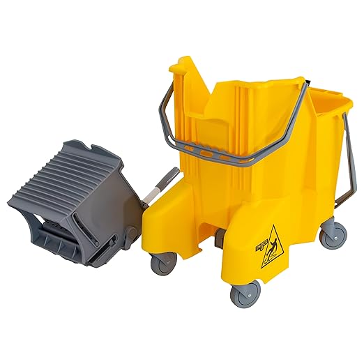 Unger Commercial 8-Gallon Dual-Compartment Mop Bucket with Side Press Wringer – Yellow, Ergonomic Design for Efficient Floor Cleaning COMBY